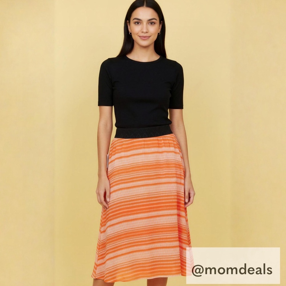 LuLaRoe Lola Lined Chiffon Midi Skirt Vibrant Striped Orange Elastic XXL 20-22